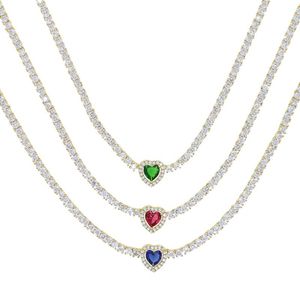 Chains Iced Out Bling CZ Tennis Chain Heart Charm Choker Necklace 16" Colorful Luxury Women Jewelry Gold PlatedChains