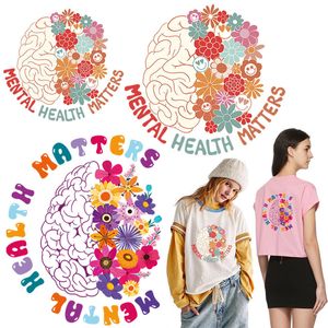 Adesivos de transferência de calor em camisetas remendos de ferro para roupas faça você mesmo saúde mental cérebro com flores apliques decoração lavável 220611