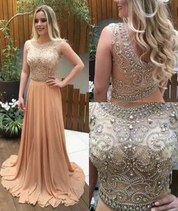 Beaded Prom 2022 Dresses Sleeveless Scoop Neck Chiffon A Line Custom Made Crystals Floor Length Plus Size Evening Party Gown Formal Wear Vestidos
