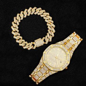 Bracciale per orologio ghiacciato di lusso per donna Orologio da uomo New Big Gold Catena cubana Set di gioielli Hip Hop Rhintone Gold Watch Men Miami