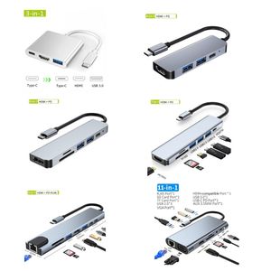 Hub USB C 3 4 5 6 7 8 em 1 Type C Adaptador USB-C para 4K HD HDTV com leitor de cartão SD / TF RJ45 PD de carga rápida para MacBook Notebook Laptop Hubs Docking Station
