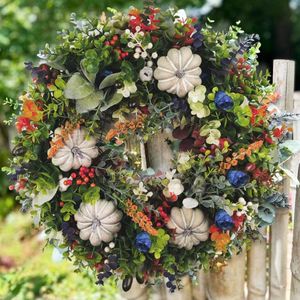 装飾的な花の花輪40cm人工白いカボチャラナンキュラスリースフロントドア吊り下げ祭りの感謝祭秋の秋の飾りdec