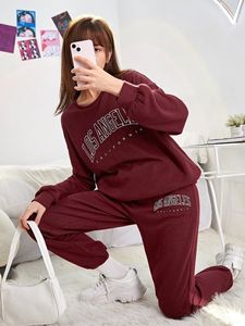 Set di pantaloni della tuta con pullover grafico con lettere per ragazze adolescenti LEI