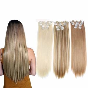 Klipp i hårförlängningar syntetiska 16 klämmor långt rakt svartbrunt hårstycke 1# 22 tum grossist för kvinna eller flicka