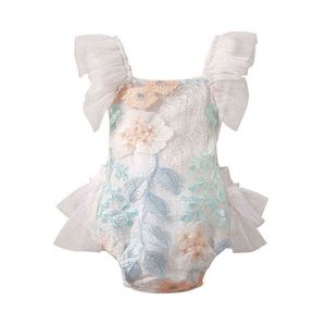 0-24 månader baby flickor bomull romer broderad blomma mönster ärmlös backless lapptäcke tyll sling bodysuit dagligen slitage g220521