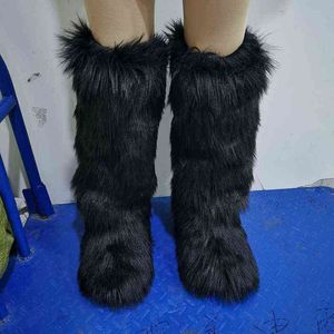 2021 WINTER MULGO High Fluffy Boots Ladies Furny Foux Fox Fur Fur Long Warm Shoes Women New Diseñador Flush Knee High Fur Bots Girls T220813