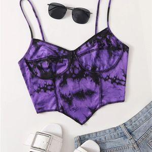 Purple Y2K Clothes Seam Tie Dye Cami Crop Top Women High Street Harajuku Asymmetrical Hem Spaghetti Strap Shirt Streetwear 220607