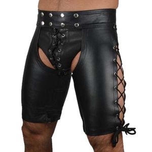 Мужские шорты мягкие искусственные патентные кожаные брюки Мужские сексуальные открытые промежности открыли для взрослых секс -игра костюмы для фетиш -рабства