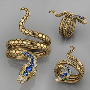 Хип-хоп творческий день деньги змея кольцо личности, доминирующая инкрустированная сапфировая циркон многокружной змеи древний золотой кольцо подарка