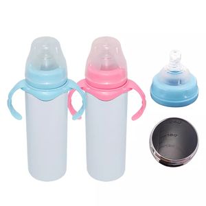 USA lokalt lager 8oz sublimering rak mjölkflaska tumbler blå rosa handtag rostfritt stål tomt vita baby matningsflaskor obrottsbar sippy cup 40pc/fodral