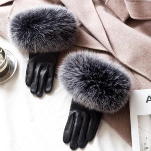 Five Fingers Gloves Real Sheepskin Female Fur Leather Winter Oversized Cuffs Warm