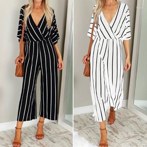 Women's Jumpsuits & Rompers 2022 Womens Jumpsuit Sexy V-Neck Bawting Sleeve Office Short Sleeved Cotton Linen Striped Plus Size Loose Belt