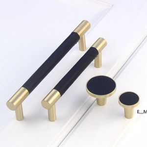 Modern Brass+Leather Gold Tbar Cabinet Kitchen Knobs and Pulls Leather Dresser Drawer Bathroom Cupboard Pulls Furniture Handle GCE13714