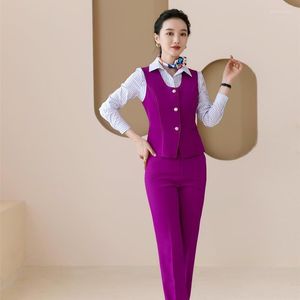 Kvinnors västar Fashion Purple Vest Women Waistcoat Ladies 2 Piece Pant and Top Set Work Business Suits Office Uniform Styles Stra22