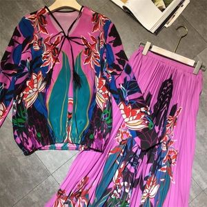 Aeleseen Runway Fashion 2020 Spring Summer Women 2 조각 세트 Tassel Purple Loose Blouse Print Pleated Skirt et Lady Suit LJ201125