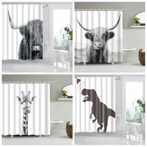Tenda da bagno con motivo animali in bianco e nero Giraffa tenda da bagno in tessuto tenda da doccia anelli 3D per bagno decorativo 210402