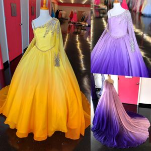 Ombre Purple Girl Pageant Dresses 2023 Cape Crystals Beading Chiffon Ballgown Little Kids Birthday Long Sleeve Formal Party Wear Gowns Infant Toddler Teens Yellow