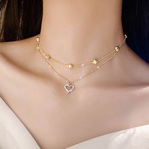 Color dourado colar dupla camada cora￧￣o colar de cristal brilhante mulher clav￭cula cadeia de charme elegante pingente de j￳ias de joias de pingente de casamento
