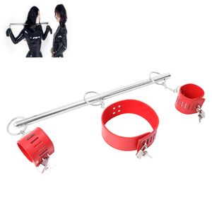 camaTech PU Leather Collar Hand Cuffs with Stainless Steel Metal Spreader Bar BDSM Slave Neck Wrist Bondage Restraints sexy Toys