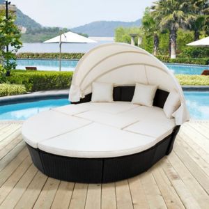 Açık Rattan Daybed Retrattable Gölgelik Hasır Mobilya, Yuvarlak Açık Kesme Kanepe Seti, Siyah Hasır Mobilya Kapaklı Oturma Setleri