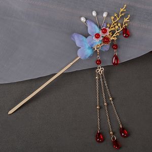 Gradient Butterfly Flower Hair Forks Retro Long Tassel Hairpins Women Metal Hair Sticks Crystal Bead Step Shake Chinese Wedding Hairstick Headwear