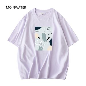 MOINWATER Women Summer T-shirts Female Cotton Fashion Print Tees Lady Blue Purple Short Sleeve T-shirt Tops MT21026