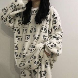 Kvinnor pyjamas vinter termisk tjock sömnkläder söt tecknad tryck plysch flannel varm underkläder uppsättningar inomhus kläder plus storlek 220329