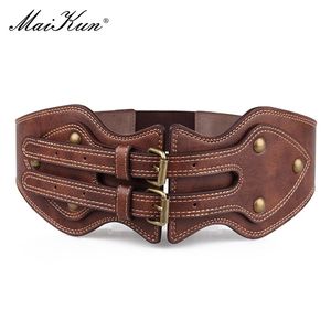 Maikun Belt Crazy Horse Leather Double Pin Buckle Women S Elastic Wide All Match Coat Girdle 220712