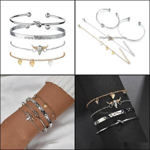 Tennis Bracelets Jewelry 4Pcs Fashion Geometric Bl Head Charms For Women Gold Color Heart Pendant Set Party Dhfj3