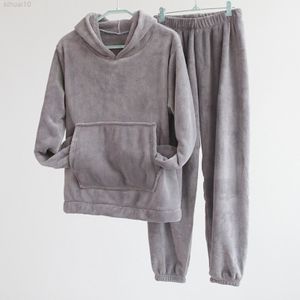 Women Winter Warm Pyjamas Set Fleece Hooded Thick Sweatshirt Nightwear Homewear L220803