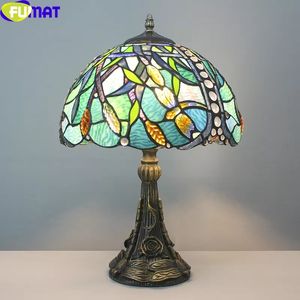 FUMAT Tiffany Style Dragonfly Crackle Wheat Table Lamp Blue Green Purple Antique Stained Glass Art Home Decor Dimming Desk Light