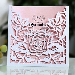 100pcs Laser Cut Lace Pocket Invitations Square Rose Flower Customize Greeting Card Wedding Event Party Decorations 220711