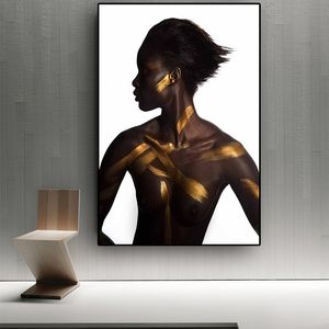 Dipinto ad olio donna africana nuda nera e oro su tela Cuadros Poster e stampe Scandinan Wall Art Picture for living room