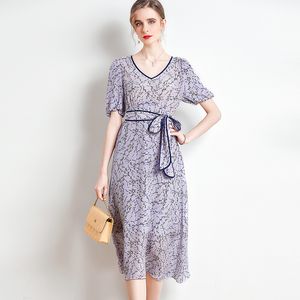 Vestido feminino 100% seda natural, decote em V, manga curta, floral, estampado, vestidos de férias de verão com cachecol