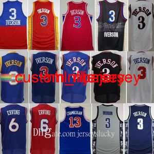 Джорджтаун Hoyas College Allen Iiverson 3 DR J Julius Eving 6 Wilt ChamberLain 13 Blue Black Black White Red Basketball Men Jerseys S-XXL