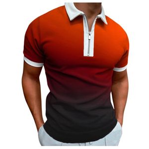 Men's T-Shirts Men Casual Gradient Print Zipper Turn Down Collar Summer Blouse Short Sleeve Tops Shirt Button Solid Cotton