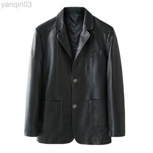 Idopy Autumn New Lengeve Mens Faux Leather Jacket Buttons Blazer Collar Business Casual Jacket Plus L-6XL L220801