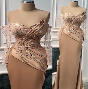 2022 Plus Size Arabic Aso Ebi Mermaid Sparkly Champagne Prom Dresses Beaded Sequins Evening Formal Party Second Reception Birthday Engagement Bridesmaid Gowns ZJ3
