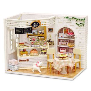 Casa de boneca com capa contra poeira, casa de bonecas em miniatura artesanal, brinquedos diy para crianças, presentes de aniversário, bolo de gato, diário h014