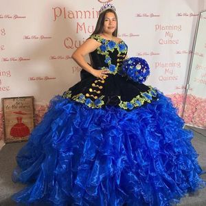 Royal Blue Mexican Quinceanera Dresses 2022 Organza Ruffles Plus Size Charro Sweet 15 Dress Corset Embroidery Flower Prom Gowns XV Vestidos De 15 Anos Robe Bal