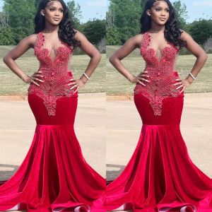 Dresses Red Evening 2022 Veet Crytals Beaded Designer Dubai Ruched Pleats Jewel Neck Sleeveless Prom Party Gown Custom Made Vestidos