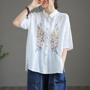 Blouses feminina camisas literárias retrô bordadas linho de algodão tampo de camisa solta cor sólida cor curta 2022 Summer lapela topwomen's