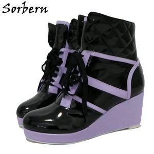 Sorbern Bekväma Wedge Ankel Stövlar Lace-up Storlek 43 Runda Toe Vinterskor Kvinnor Patchwork Plush Inner Ladies Stövlar Kort