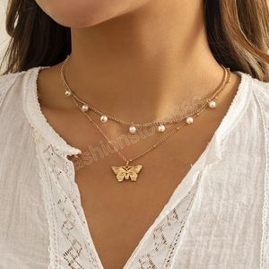 Layered Chain with Butterfly Pendant Necklace for Women Charms Small Pearl Beads Choker Necklace Set 2022 Jewelry