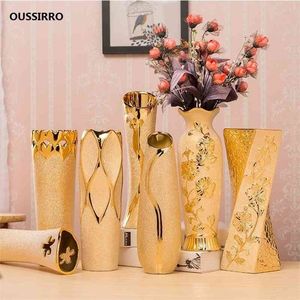 Luxury Europe Gold-Plated Ceramic Vase Home Decor Creative Design Porcelain Decorative Flower Vase for Wedding Decoration 210409