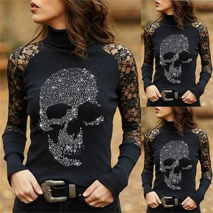 Crânio de renda estampada Floral Ladies Tshirt Drivação de outono Gótico Bloups Bloups T-shirt Tops de manga longa Sexy Business OL Tops 220525