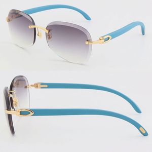 Classic Metal Rimless Sunglasses Blue Wood Glasses Outdoors Driving Sun Glasses Designer Diamond cut Lens Mens Women 18K Gold Large Round Frames Size:61-18-140MM