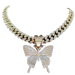 Men Women Hip Hop Iced Out Bling Butterfly Pendant Necklace With 13Mm Miami Cuban Necklace Hiphop Necklaces Fashion Charm Jewelry