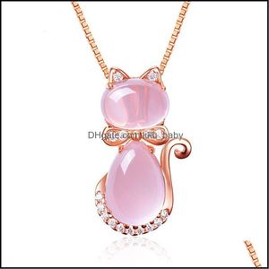 Collane con ciondolo Collana di gatto di cristallo rosa per le donne Ragazze Moda Quarzo rosa Catena di opale Strass lucido Baby Dhepb