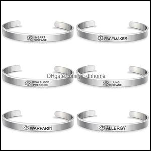 Bangle armband smycken medicinsk varning id armband graverbar diabetes rostfritt stål öppen manschett armband vänskap droppleverans 2021 fwy8p